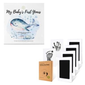 keababies first 5 years baby memory book journal & 4-pack inkless hand and footprint kit - 90 pages hardcover first year keepsake milestone baby book for boys, girls - ink pad for baby hand and footpr