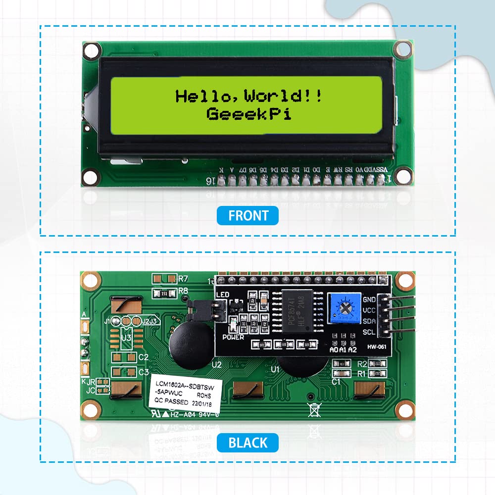 GeeekPi 2-Pack I2C 1602 LCD Display Module 16X2 Character Serial Yellow Backlight LCD Module for Raspberry Pi Arduino STM32 DIY Maker Project Nanopi BPI Tinker Board Electrical IoT Internet of Things