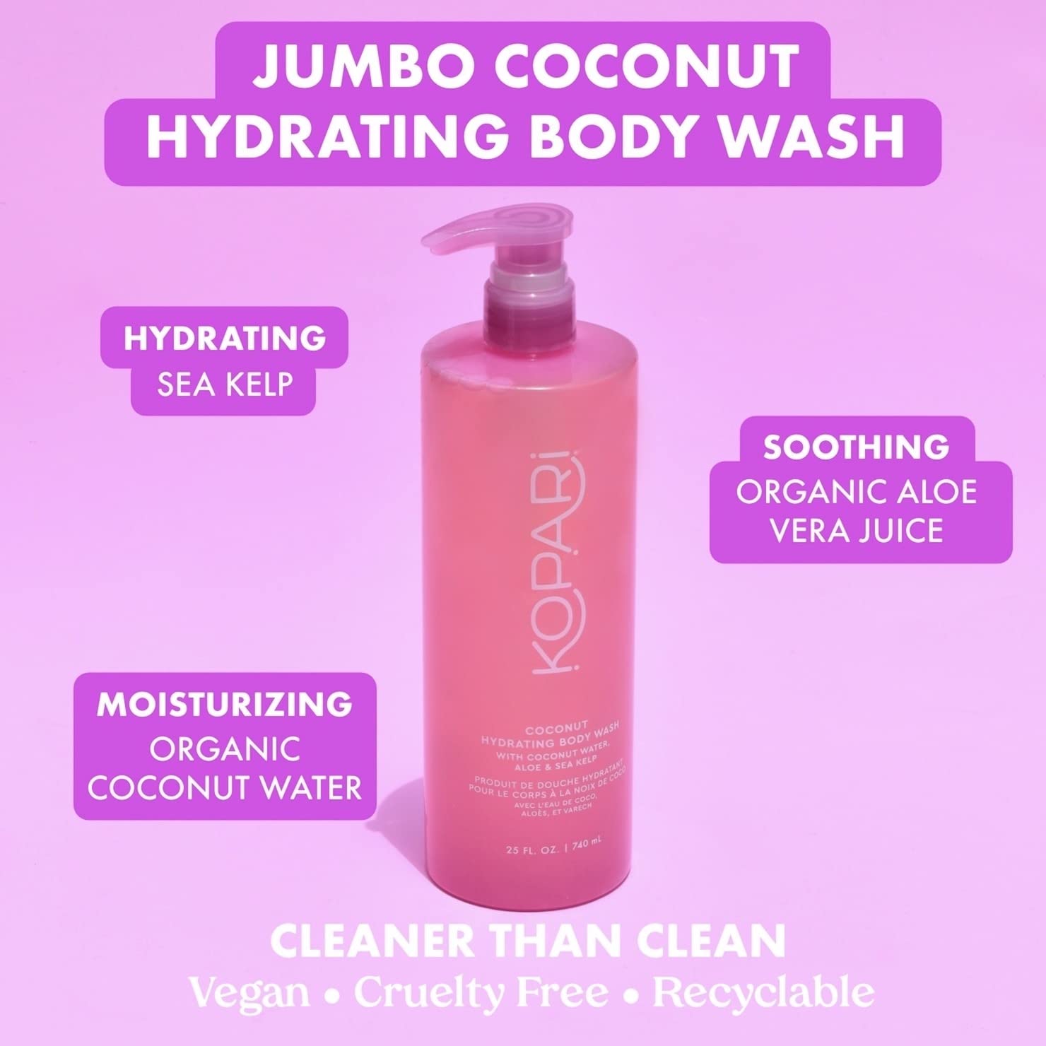 Kopari Jumbo Coconut Hydrating Body Wash with Organic Coconut Water, Sea Kelp and Aloe Vera, Luxurious Gel to Foam, Sweet Coconut & Vanilla, 25 oz