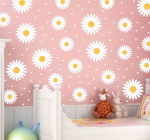 white daisy wall decor stickers removable diy flowers wall decals for kids room baby nursery room mural fg347 (white)