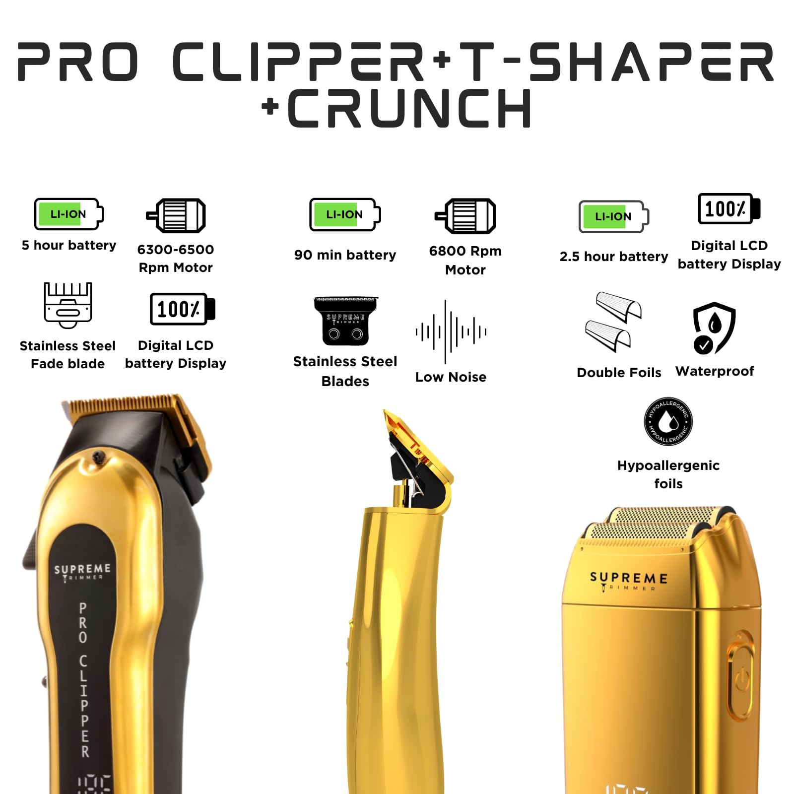 Supreme Trimmer 3-in-1 Barber Bundle | Pro Clipper, T-Shaper Trimmer & CRUNCH Foil Shaver | Professional Beard Trimmer Men’s Hair Clipper Kit | Gold