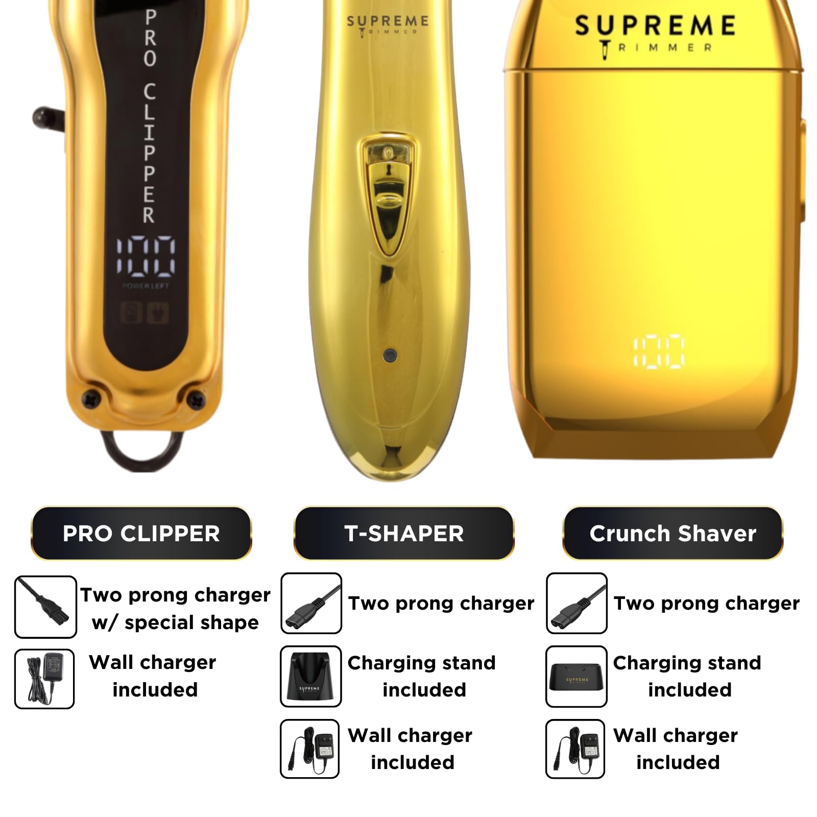 Supreme Trimmer 3-in-1 Barber Bundle | Pro Clipper, T-Shaper Trimmer & CRUNCH Foil Shaver | Professional Beard Trimmer Men’s Hair Clipper Kit | Gold