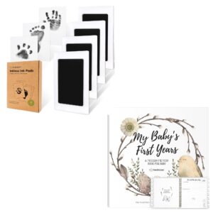 keababies inkless hand and footprint kit & first 5 years baby memory book journal - 4-pack ink pad for baby hand and footprint- 90 pages hardcover first year keepsake milestone baby book for boy, girl