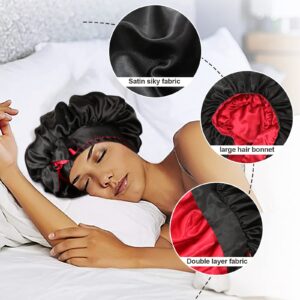 Satin Bonnet Silk Sleep Cap Hair Bonnets for Women Stretchy Tie Band Hair Cap for Curly Hair Silk Hair Wrap(Black+Red)