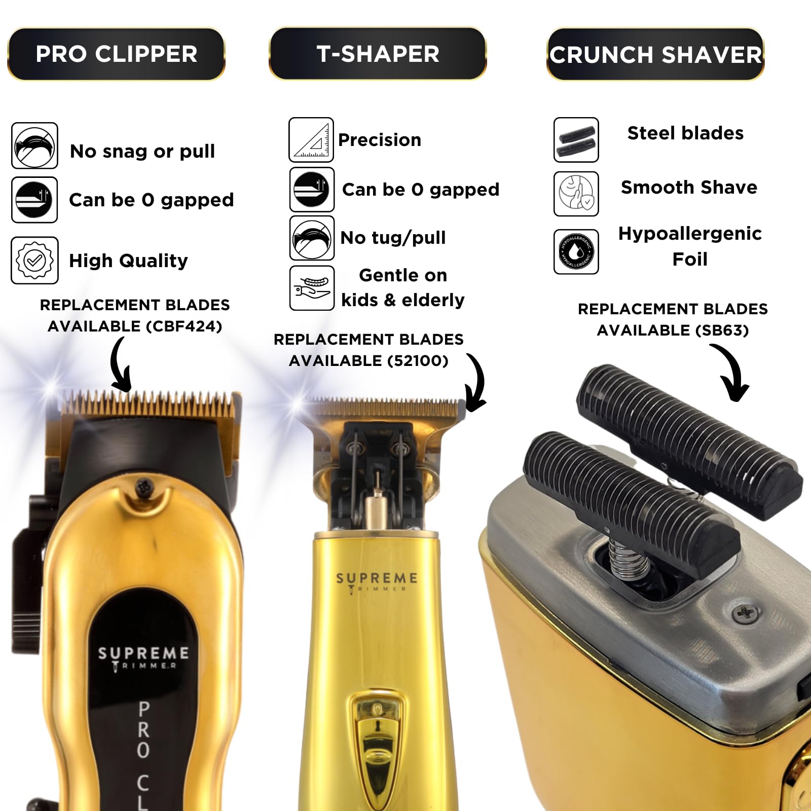 Supreme Trimmer 3-in-1 Barber Bundle | Pro Clipper, T-Shaper Trimmer & CRUNCH Foil Shaver | Professional Beard Trimmer Men’s Hair Clipper Kit | Gold