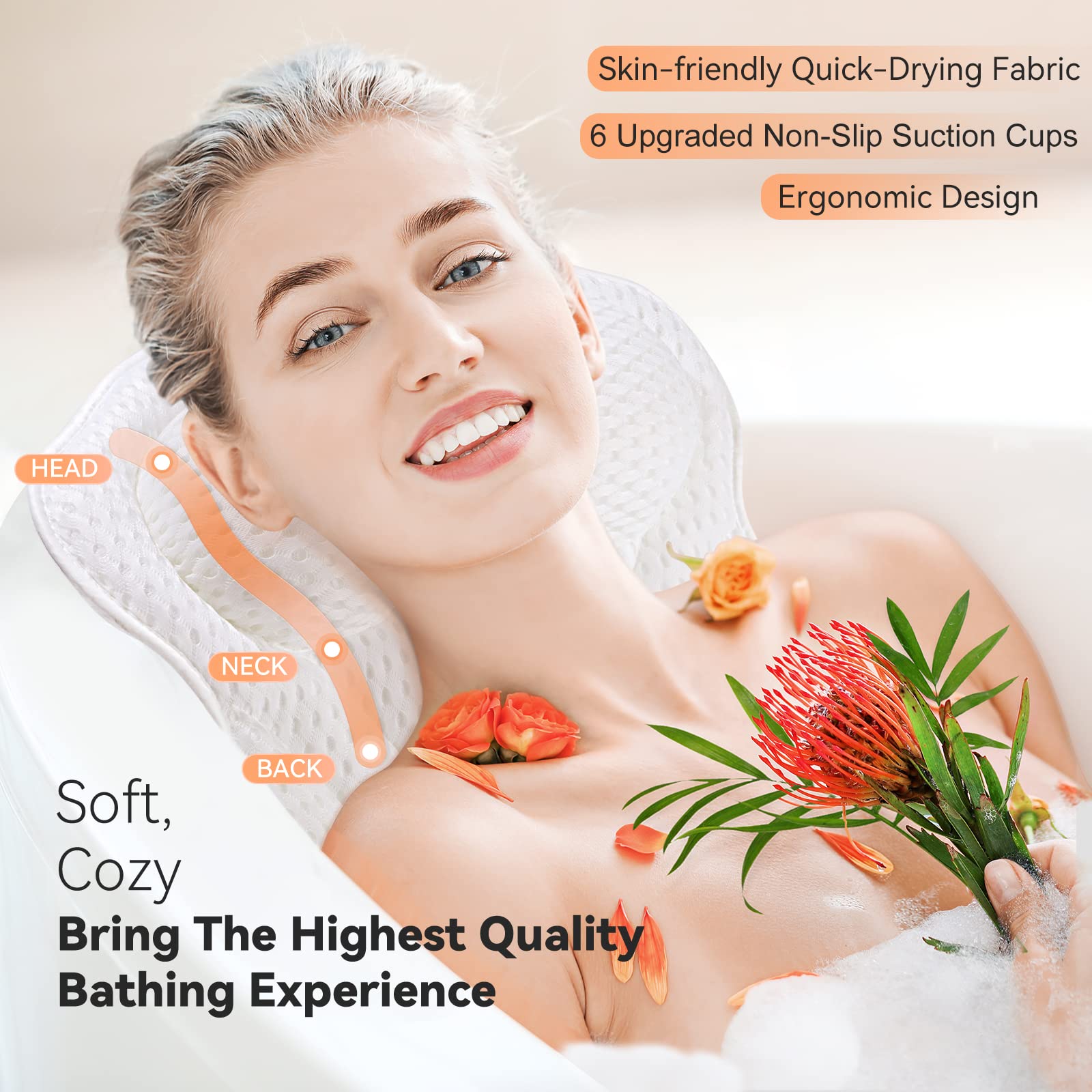 Docilaso Premium Bath Pillow, Quick-Drying 4D Air Mesh Bathtub Spa Pillow, 6 Non Slip Suction Cups, Soft and Comfortable - Suitable for All Bathtub, Hot Tub, Jacuzzi, Spas