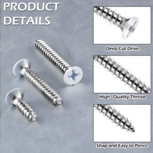 Peryiter 120 Pcs #8 White Screws Stainless Steel White Flat Head Screws White Pan Head Wood Screws Flat Self Tapping Screw for Wall Plates Switch Covers Replacement, 3 Sizes