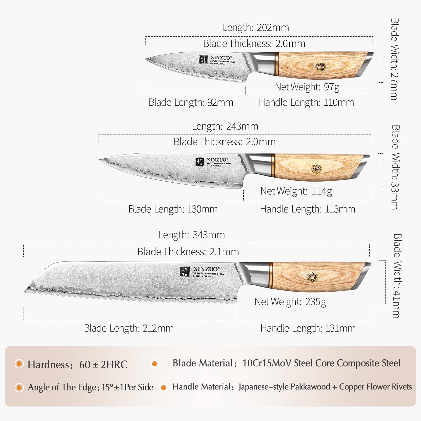 XINZUO Composite Steel 6Pcs Kitchen Knife Set, Stainless Steel Knife Set, Professional 3 Layers Clad Steel Chef Knife Set 10Cr15CoMoV Steel Core -with 16 Inch Knife Magnetic Strips