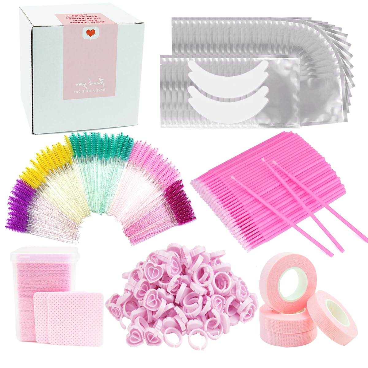 554 PCS Professional Lash Extension Supplies Kit with 50 Pairs Foam Lash Pads, 100 Lash Brushes,100 Micro Applicators, 100 Lash Glue Rings, 200 Glue Wipes, 4 Lash Tapes for Eyelash Extensions