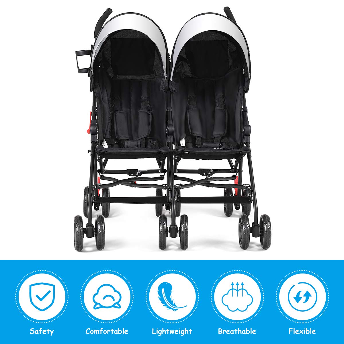 HOMGX Double Stroller, Light-Weight Travel Foldable Design, Twin Umbrella Stroller with 5-Point Harness and Cup Holder, Sun Canopy for Baby, Toddlers (Black), 18 pounds