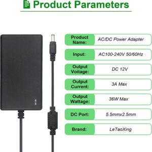 12V 3A PowerAdapter Adapter,AC Power Supply 36W Max Convert Transformer Plug /100-240V 5.5mmX2.1with Female Barrel Connector to Screw Adapter for CCTV Camera System&LED Strip (36, Watts)