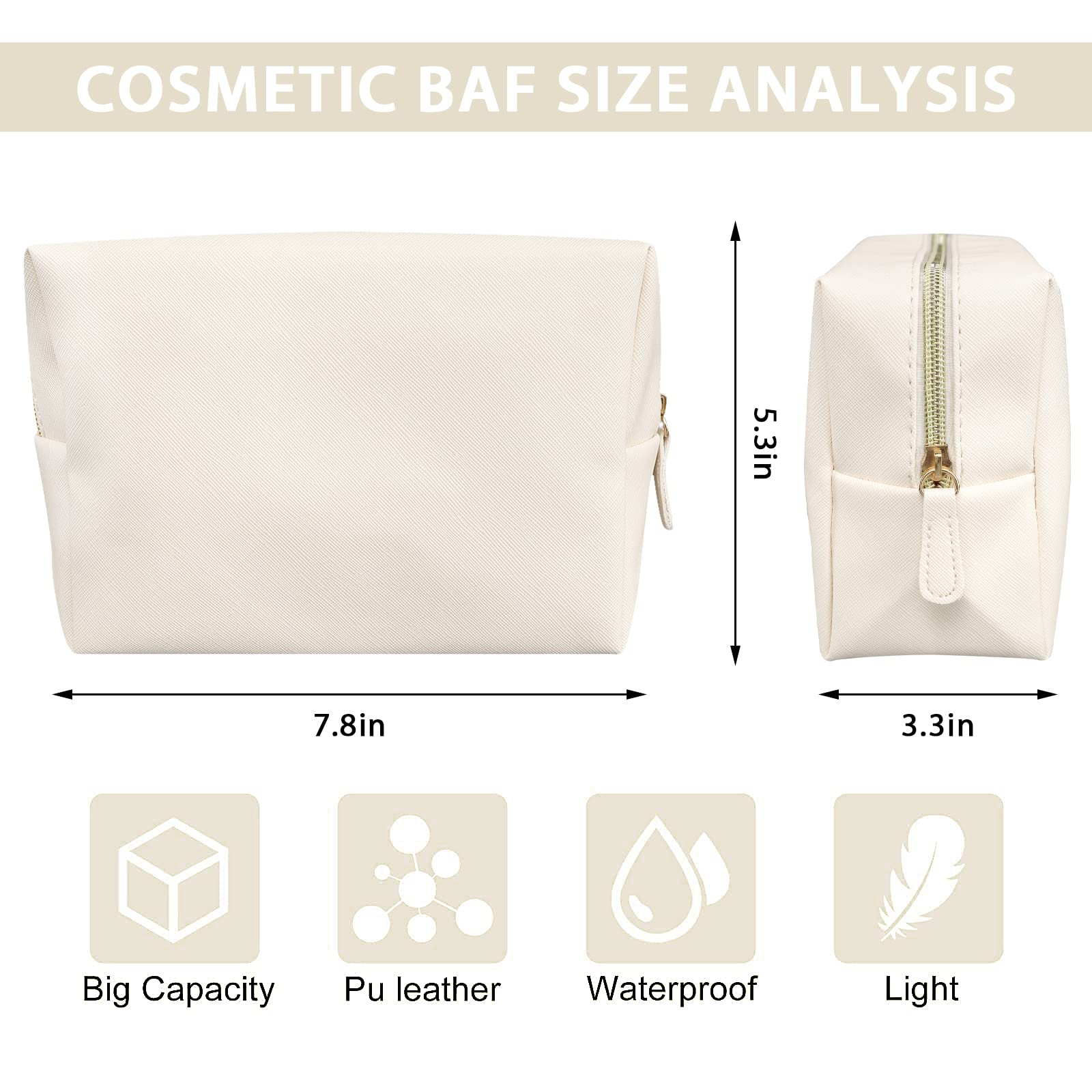 GFU Makeup Bag, Travel Cosmetic Bag for Women, Large Capacity Travel Toiletry Bag Waterproof PU Leather, Multifunctional Cosmetic Pouch for Girls, Women and Moms Gifts, Beige White