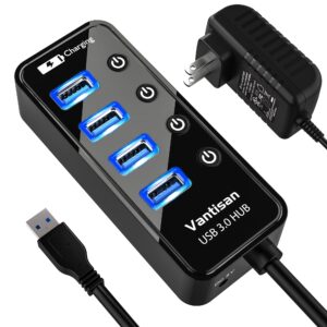 vantisan powered usb 3.0 hub, usb extension 4-port usb hub splitter (4 usb 3.0 data ports+1 smart charging port) with 5v/3a powered adapter and individual on/off switches