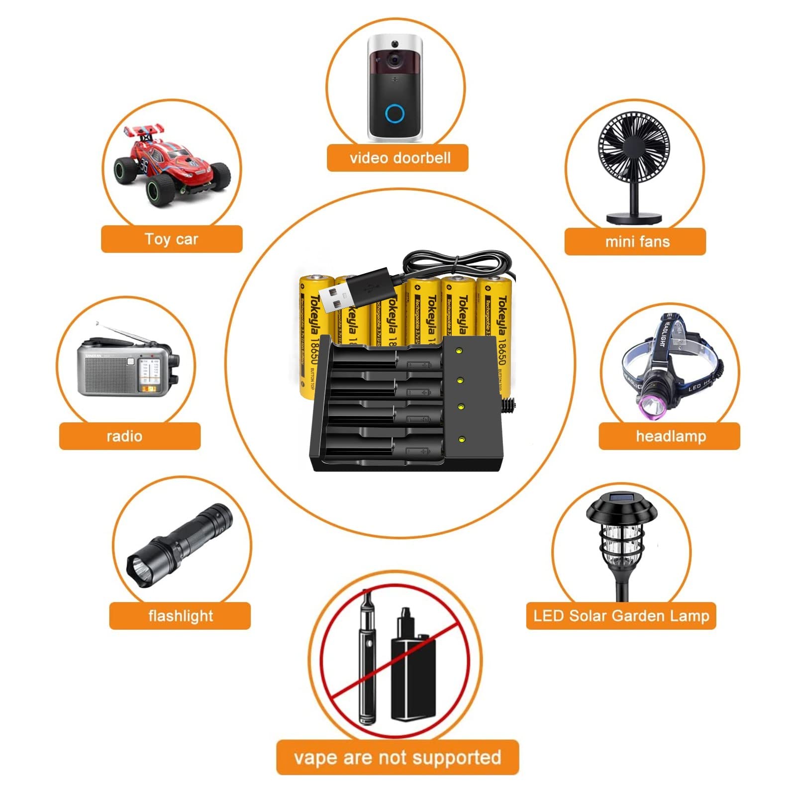6pcs 1￵8￵6￵50 Rechargeable Batter￵y 5000mAh W￵i￵th 18650 Battery Charger,Universal Charger for Rechargeable 3.7V Li-ion Batteries 26650 14500 10440 Tokeyla (Button Top Type)