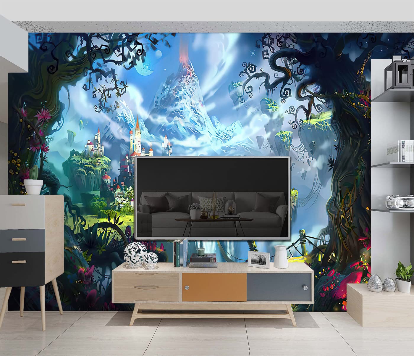 BZHXBZ - 3D Space Enchanted Forest Backdrop Dream Castle Wallpaper Nursery Kids Bedroom Waterfall murals Boys and Girls Room Decor Home Living Room Large Wall Mural - 91"x65" Not Peel and Stick