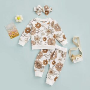 3Pcs Baby Girl Outfits Floral Sweatshirt + Pants + Headband Infant Fall Winter Clothes White 18-24 Months