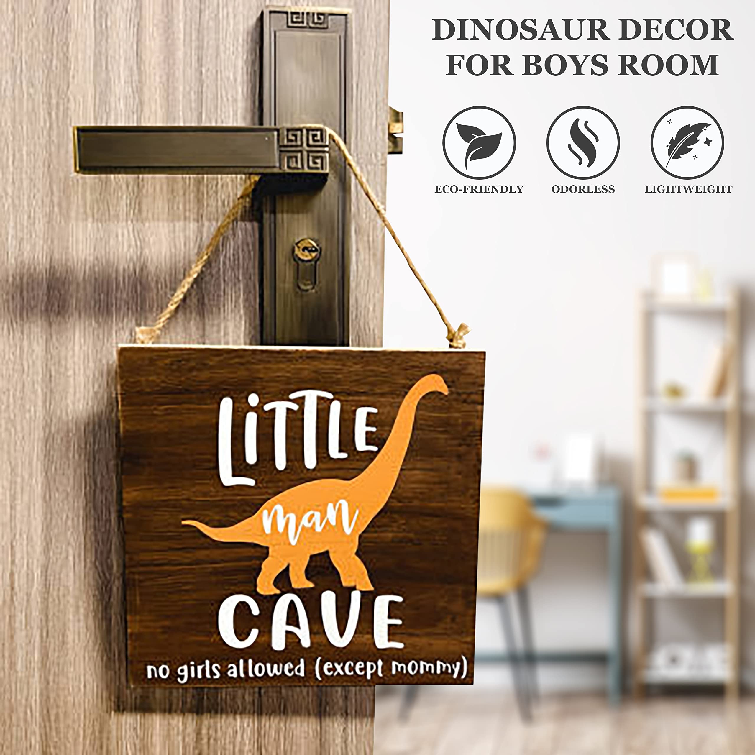 HnJOY Little Man Cave - Dinosaur Wood Wall Decor - Boys Room Decoration - Nursery Decor for Boys Gift Bedroom - Wooden Door Hanging Wall Plague