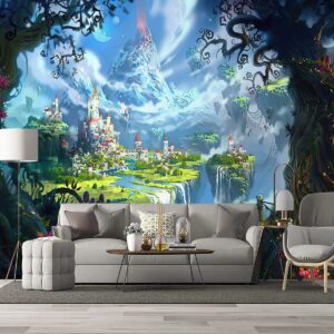 BZHXBZ - 3D Space Enchanted Forest Backdrop Dream Castle Wallpaper Nursery Kids Bedroom Waterfall murals Boys and Girls Room Decor Home Living Room Large Wall Mural - 91"x65" Not Peel and Stick