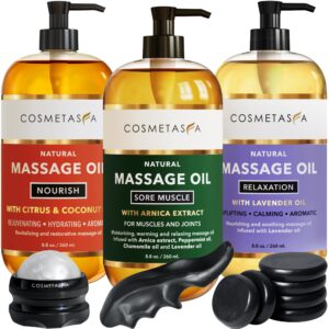 cosmetasa luxury spa treatment gift set- relaxation, nourish and sore muscle massage oil with hot stones, roller ball and thumb saver massage tools