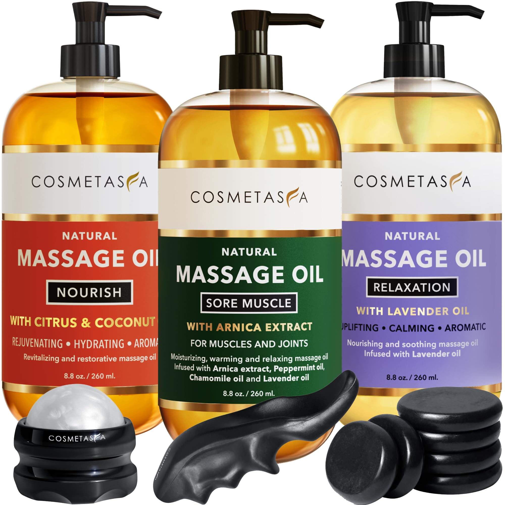 Cosmetasa Luxury Spa Treatment Gift Set- Relaxation, Nourish and Sore Muscle Massage Oil with Hot Stones, Roller Ball and Thumb Saver Massage Tools