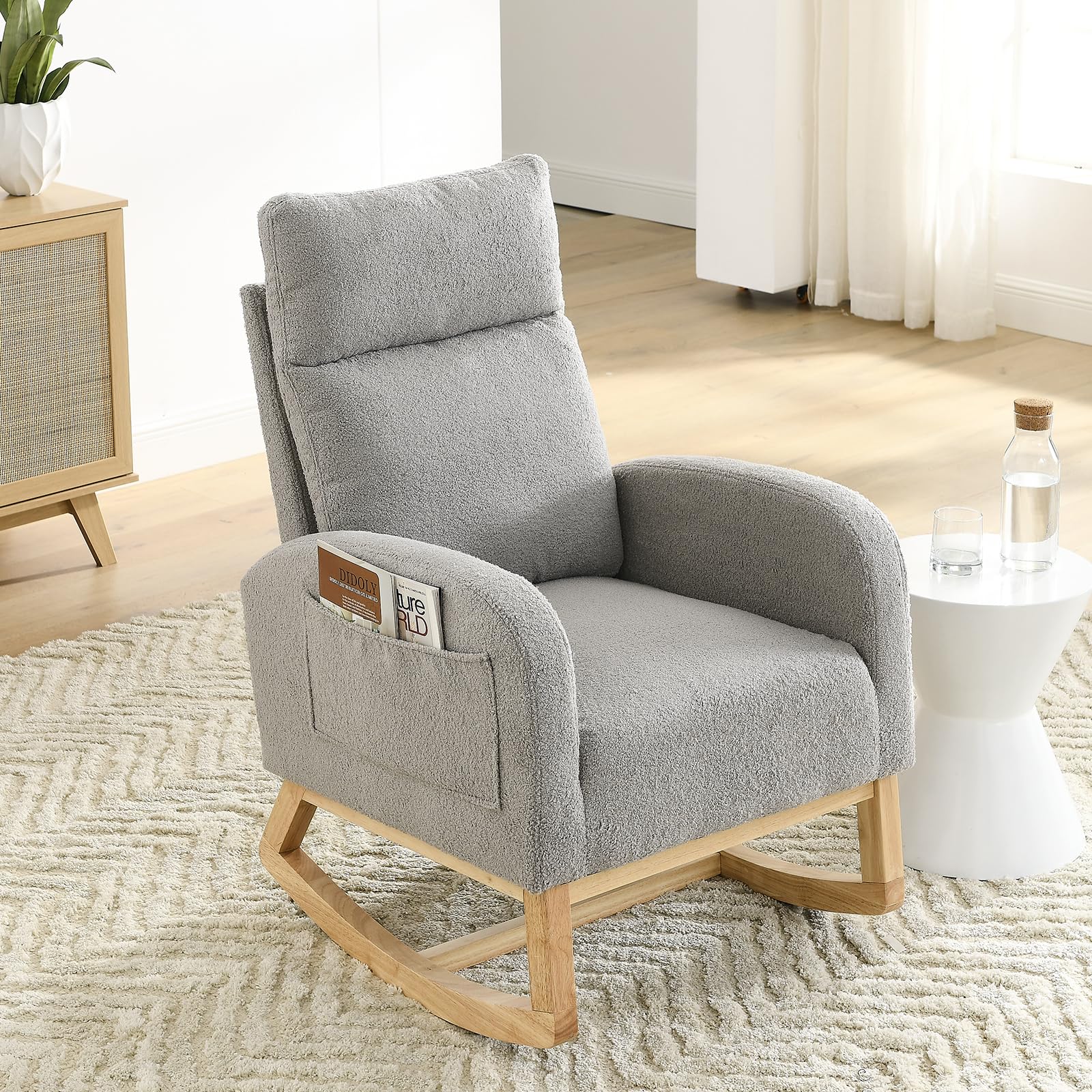 JEEOHEY Rocking Chair Nursery,Teddy Fabric Upholstered Baby Glider Rocker Chair,Comfy Accent Arm Chair with Side Pockets&Solid Wood Legs,Modern Nursing Single Sofa Chair for Living Room,Bedroom(Grey)