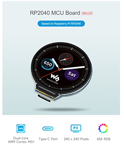 Coolwell RP2040 MCU Board with 1.28inch LCD,Round Shape, Accelerometer and Gyroscope Sensor,30 × Multi-Function GPIO Pins