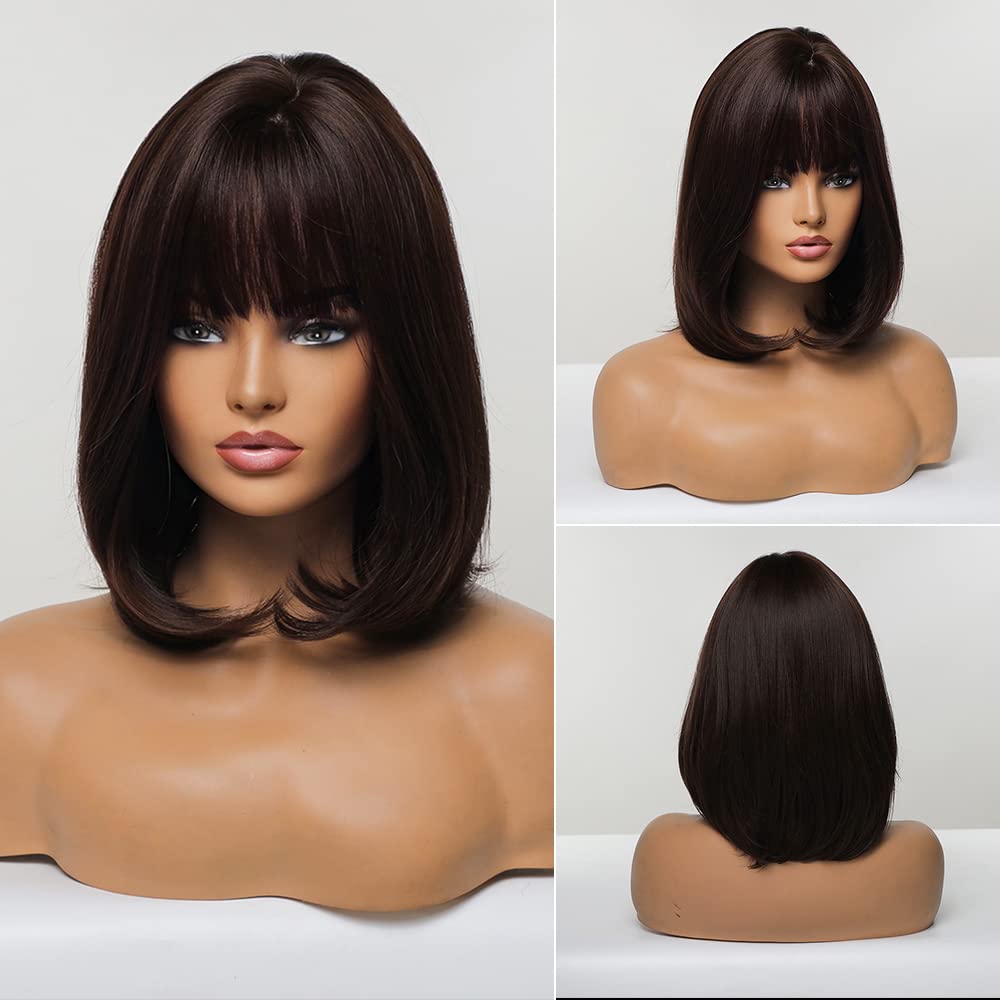 Kuefhs Brown Bob Wig with Bangs, Brown Wigs for Women Short Brown Wig Synthetic Wig 150% Density Synthetic Wigs with Bangs This Brown Bob Wig is Slightly Reddish in the Sun