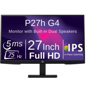 hp p27h g4 27 inch ips desktop office monitor full hd 75 hz built-in speaker tilt swivel pivot height adjustable low blue light hdmi vga displayport for laptop pc screen display, black (renewed)