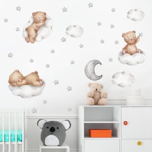 Cute Bear Sleeping on The Moon Cloud Wall Decals, Baby Nursey Wall Stickers, Removable Star DIY Wall Sticker, Vinyl Mural Decor Art for Kids Baby Nursery Room (gm-bear02)