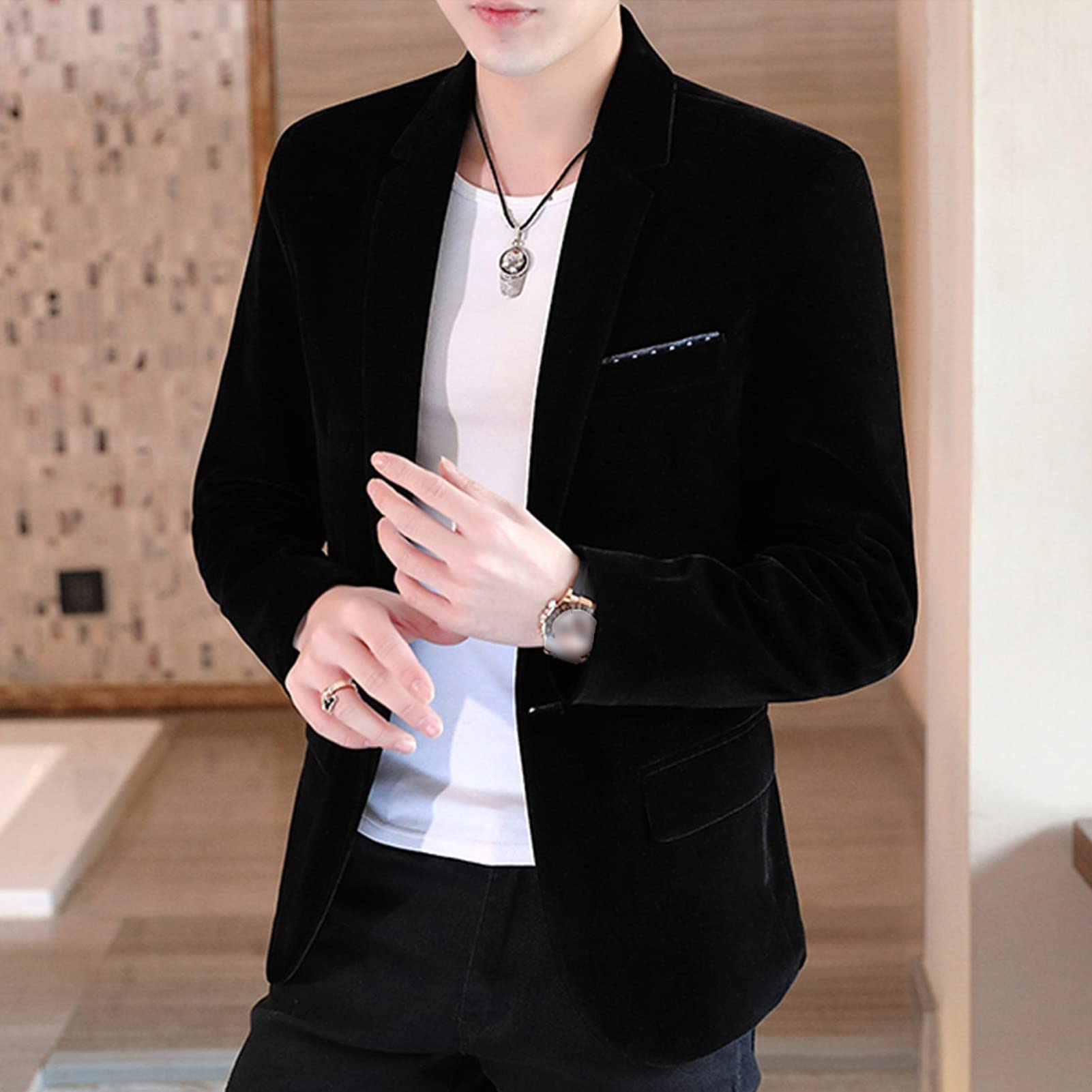 Men Vintage Velvet One Button Blazer Lightweight Solid Casual Sport Coat Single Breasted Slim Dinner Tuxedo Jacket (Black,XX-Large)