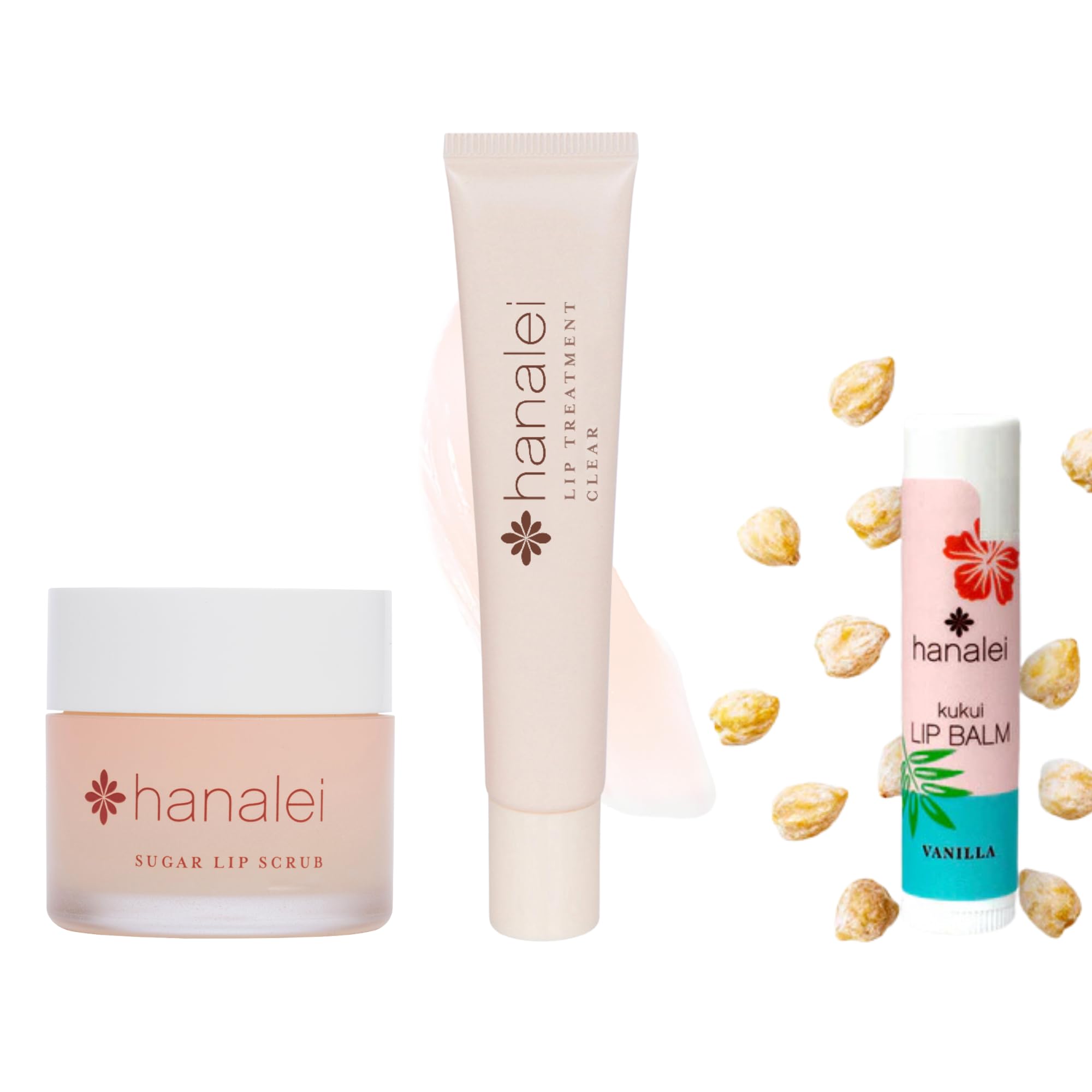 Hanalei Lip Care Bundle - Sugar Lip Scrub, Kukui Oil Lip Treatment in Clear, and Kukui Lip Balm in Vanilla