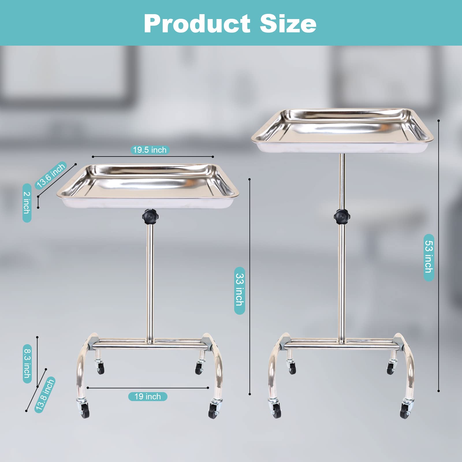 Konmee Premium Mayo Instrument Stand Salon Tray Medical Tray Beauty Spa Tray Dentist Tray with Wheels,Stainless Steel