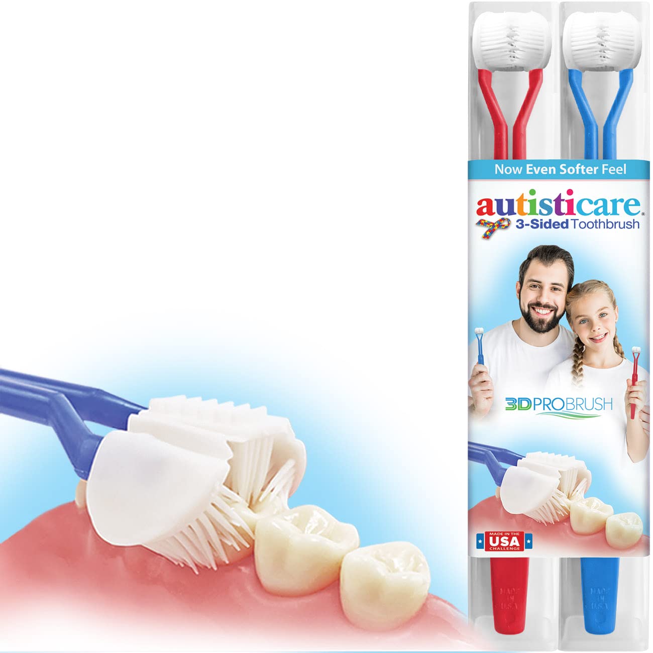 autisticare 2PK Sensory 3-Sided Toothbrush for Special Needs | New Softer Feel | Fast, Easy & Clinically Proven | Autism Spectrum Autistic Asperger Therapy Parent Caregiver Tactile Made in USA