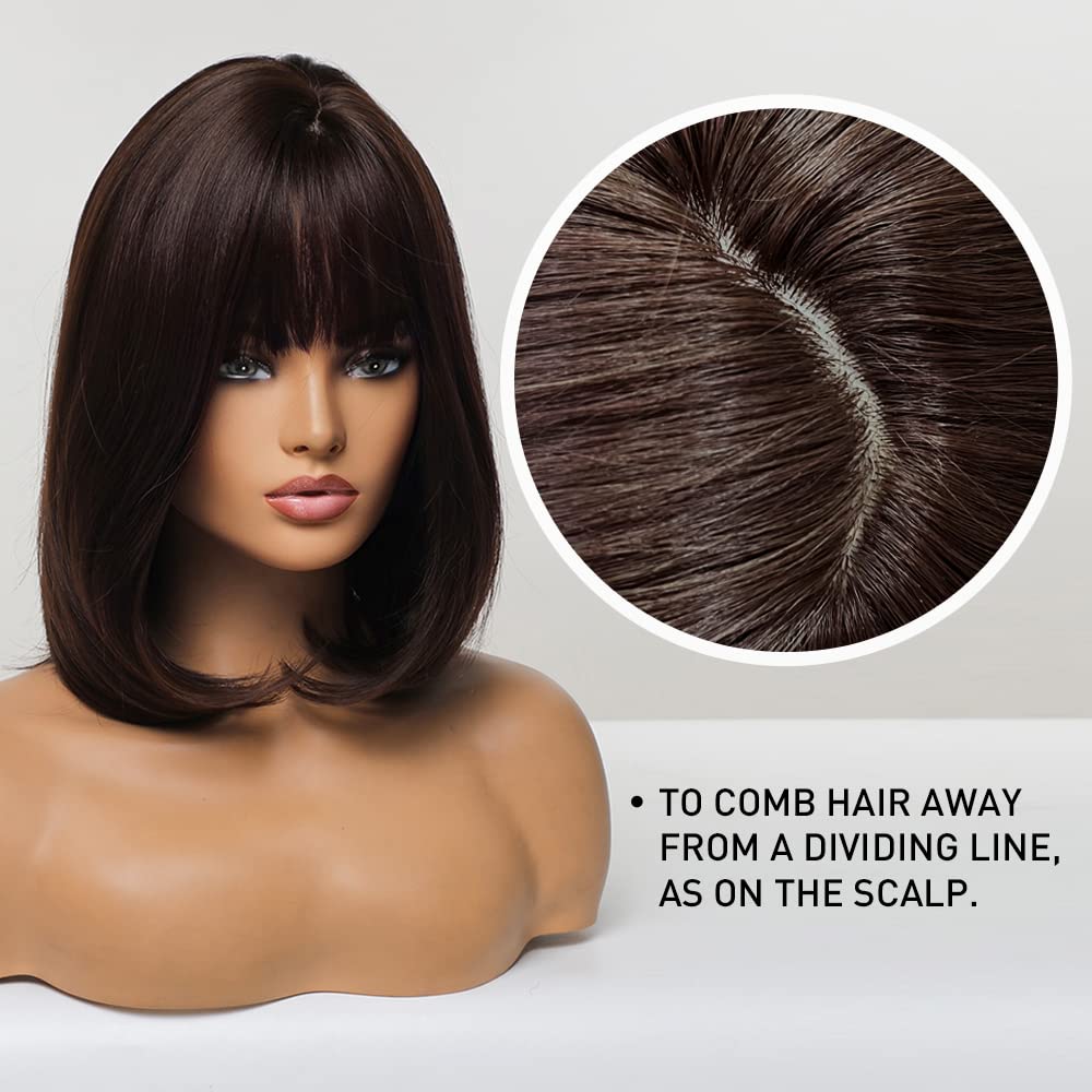 Kuefhs Brown Bob Wig with Bangs, Brown Wigs for Women Short Brown Wig Synthetic Wig 150% Density Synthetic Wigs with Bangs This Brown Bob Wig is Slightly Reddish in the Sun