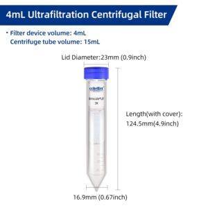 COBETTER Briscale Pack of 15 3kDa Ultra Centrifugal Filter 4mL Ultrafiltration Centrifuge Tube Unit with RC Membrane