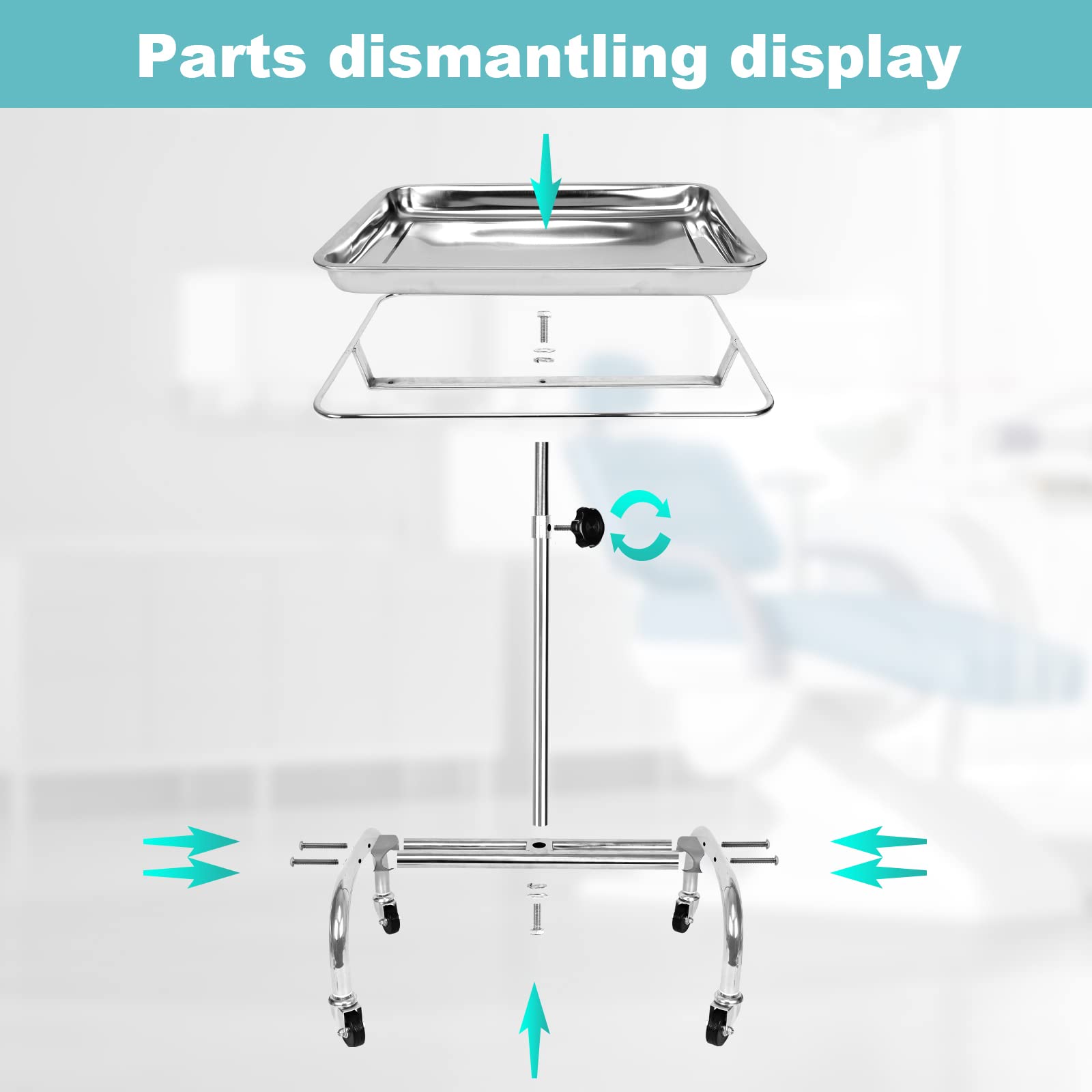 Konmee Premium Mayo Instrument Stand Salon Tray Medical Tray Beauty Spa Tray Dentist Tray with Wheels,Stainless Steel