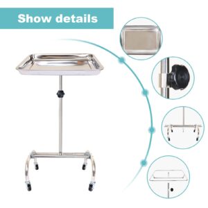 Konmee Premium Mayo Instrument Stand Salon Tray Medical Tray Beauty Spa Tray Dentist Tray with Wheels,Stainless Steel