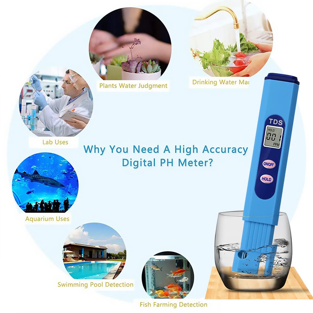 TDS Tester, Electronic Water Meter with 0-9990 PPM Measurement Range Portable for The aquaculture Industry, Swimming Pools, Household tap Water Quality Testing (Blue)