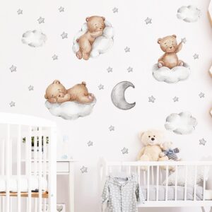 Cute Bear Sleeping on The Moon Cloud Wall Decals, Baby Nursey Wall Stickers, Removable Star DIY Wall Sticker, Vinyl Mural Decor Art for Kids Baby Nursery Room (gm-bear02)