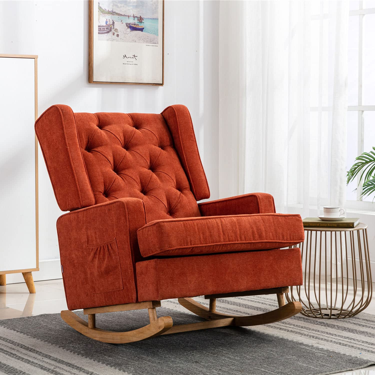 Rocking Chair Nursery,Upholstered Glider Chair for Nursery,Mid Century Modern Oversized Wingback Armchair for Living Room(Orange)