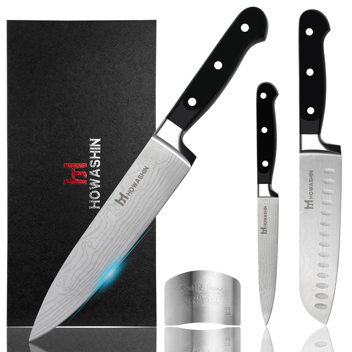 Howashin Kitchen Knife Set Sharp Janpanene Knife Set Sharp High Carbon Chef Knife Ergonomic Handle With Finger Guard and Christmas Gift Box