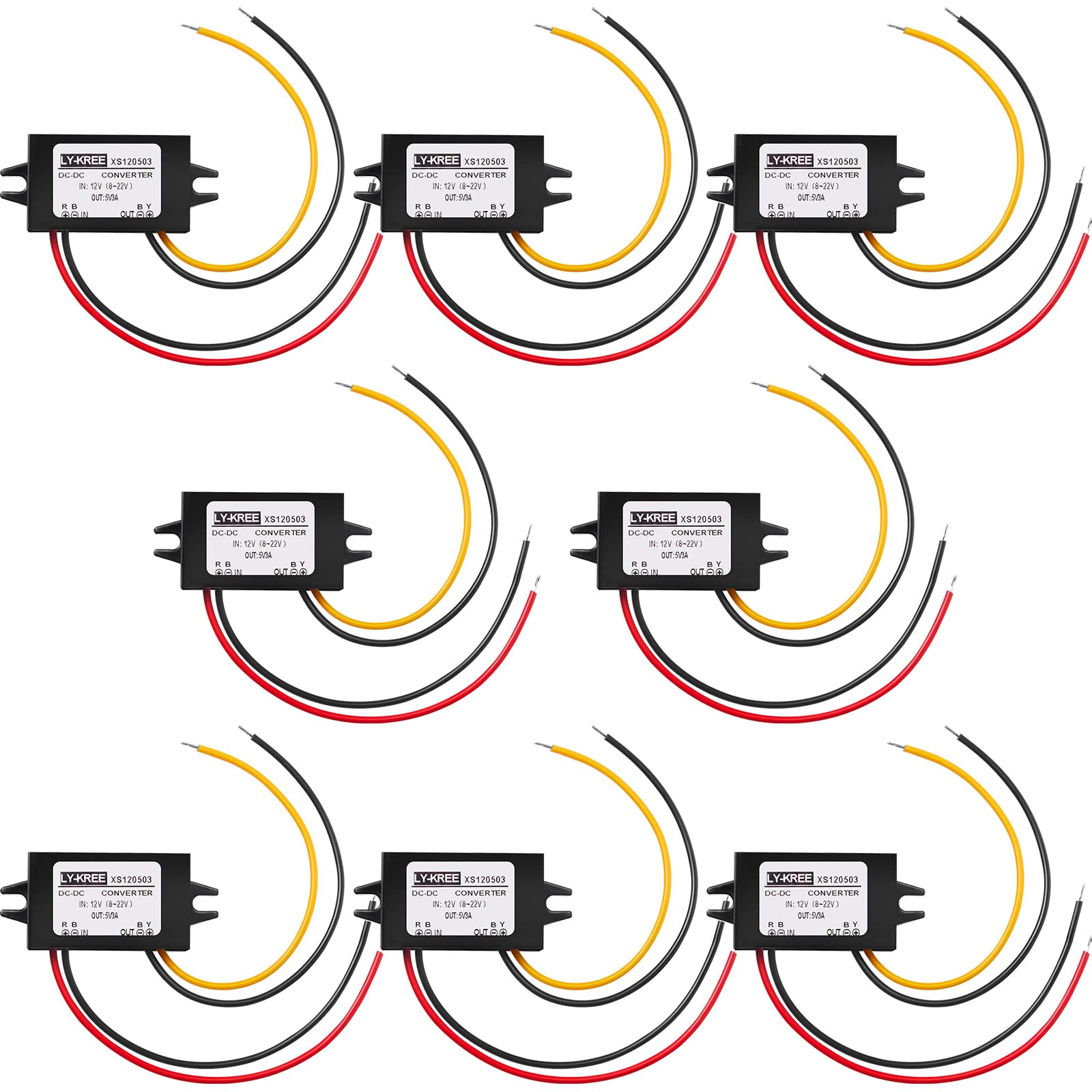 DC Converter 12V to 5V 3A 15W DC Buck Converter Module, DC to DC Reduced Voltage Regulator Car Power Converter Output Power Adapter, Wire Interface (8 Pieces)