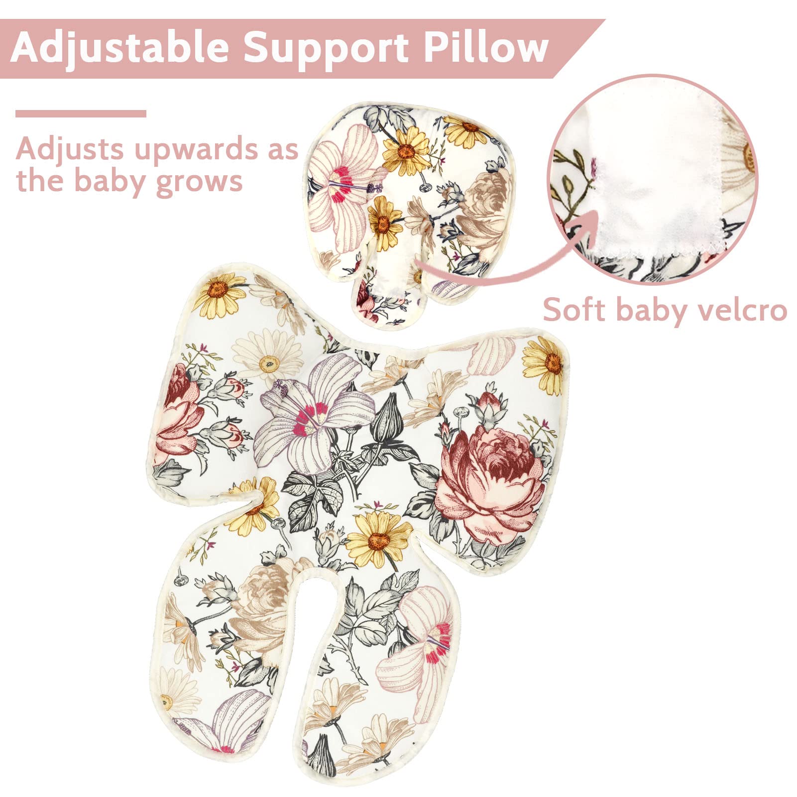 Floral Car Seat Insert,Cushion for Stroller, Swing, Bouncer, 2-in-1 Reversible,Baby Car Seat Strap Covers Shoulder Pads for Baby Kid