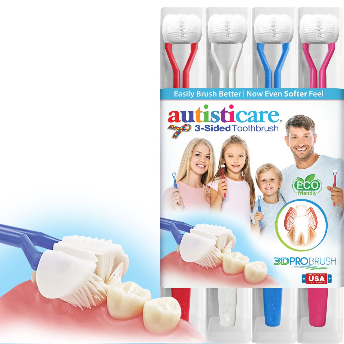 autisticare 4-PK Sensory 3-Sided Toothbrush for Special Needs | Now Even Softer | Fast Easy & Clinically Proven | Autism Spectrum Disorder | Autistic Asperger Caregiver Calm Made in USA