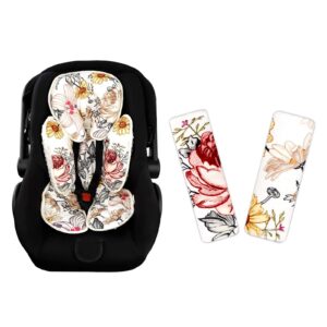 floral car seat insert,cushion for stroller, swing, bouncer, 2-in-1 reversible,baby car seat strap covers shoulder pads for baby kid