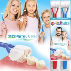 autisticare 2PK Sensory 3-Sided Toothbrush for Special Needs | New Softer Feel | Fast, Easy & Clinically Proven | Autism Spectrum Autistic Asperger Therapy Parent Caregiver Tactile Made in USA