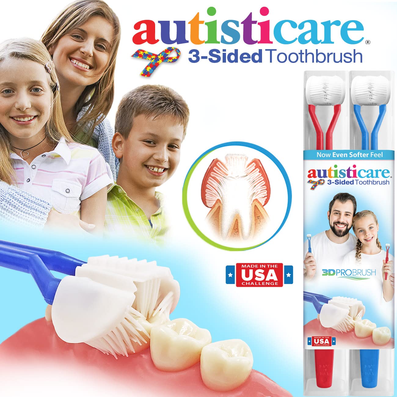 autisticare 2PK Sensory 3-Sided Toothbrush for Special Needs | New Softer Feel | Fast, Easy & Clinically Proven | Autism Spectrum Autistic Asperger Therapy Parent Caregiver Tactile Made in USA