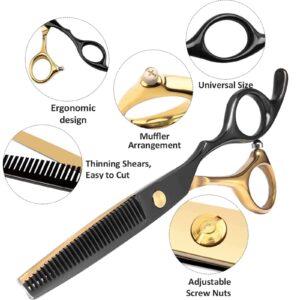 Black Gold Hair Cutting Scissors Professional Stainless Steel Barber Hair Thinning Shears Salon Multifunctional Straight Hair Cutting Shears Teeth Scissors Hair Cutting Scissors Kit for Home Use