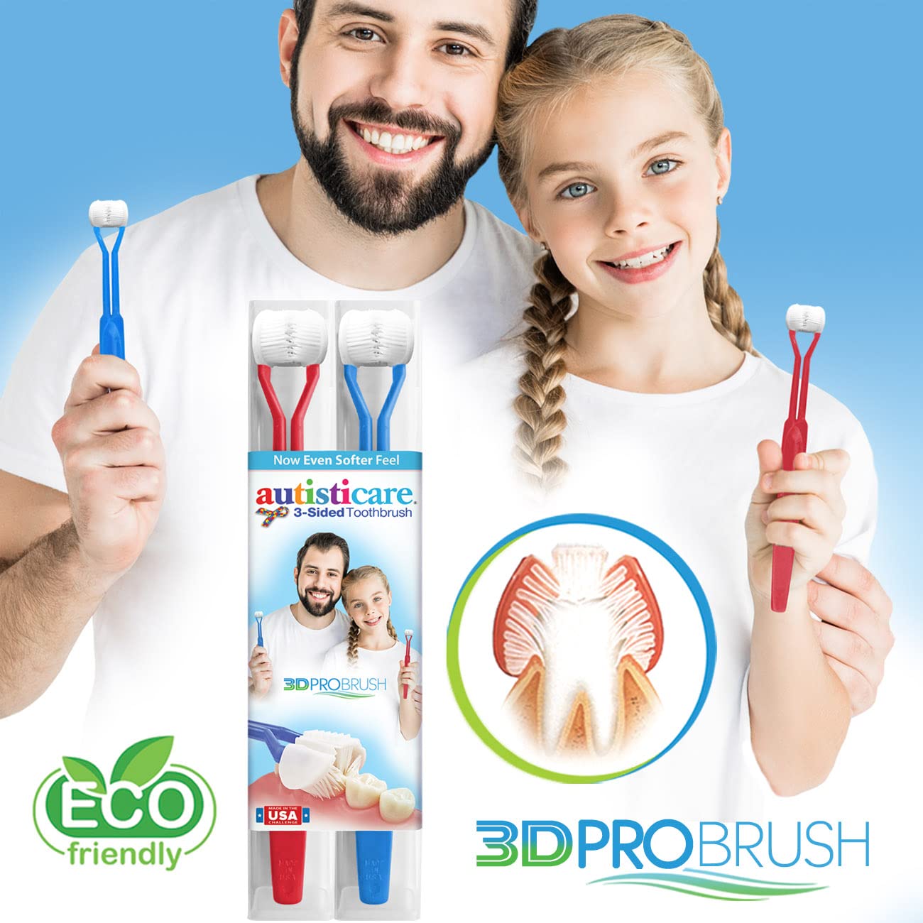 autisticare 2PK Sensory 3-Sided Toothbrush for Special Needs | New Softer Feel | Fast, Easy & Clinically Proven | Autism Spectrum Autistic Asperger Therapy Parent Caregiver Tactile Made in USA