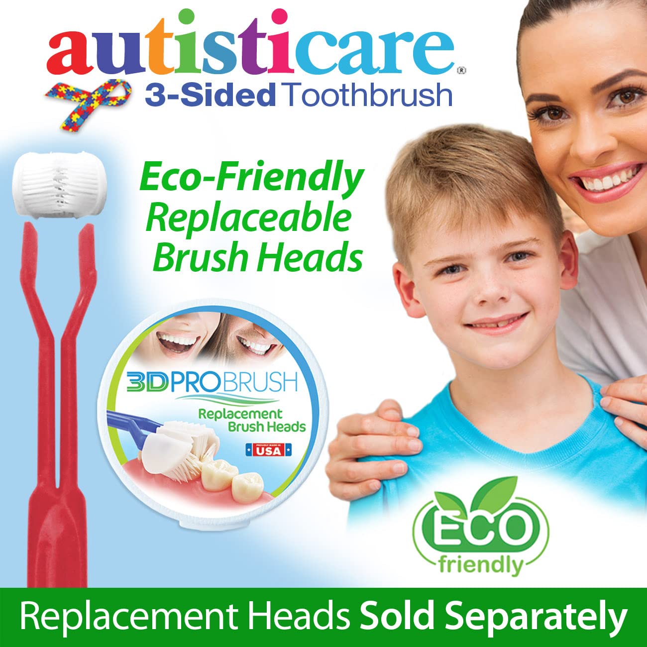 autisticare 2PK Sensory 3-Sided Toothbrush for Special Needs | New Softer Feel | Fast, Easy & Clinically Proven | Autism Spectrum Autistic Asperger Therapy Parent Caregiver Tactile Made in USA